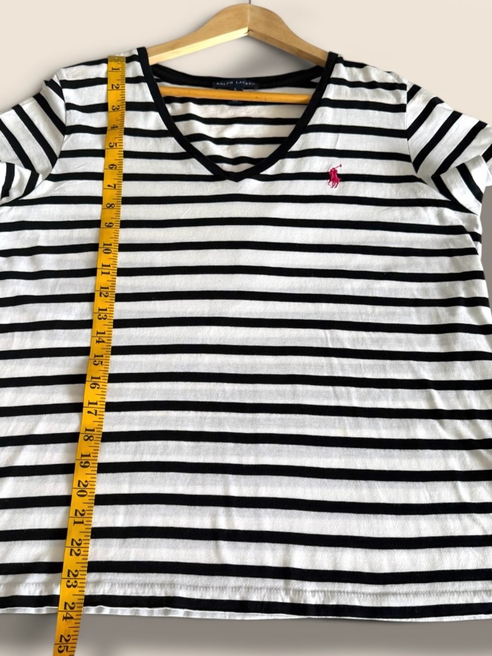 Ralph Lauren Womens L Black White Striped V-Neck T-Shirt Pink Pony Logo - Picture 8 of 12